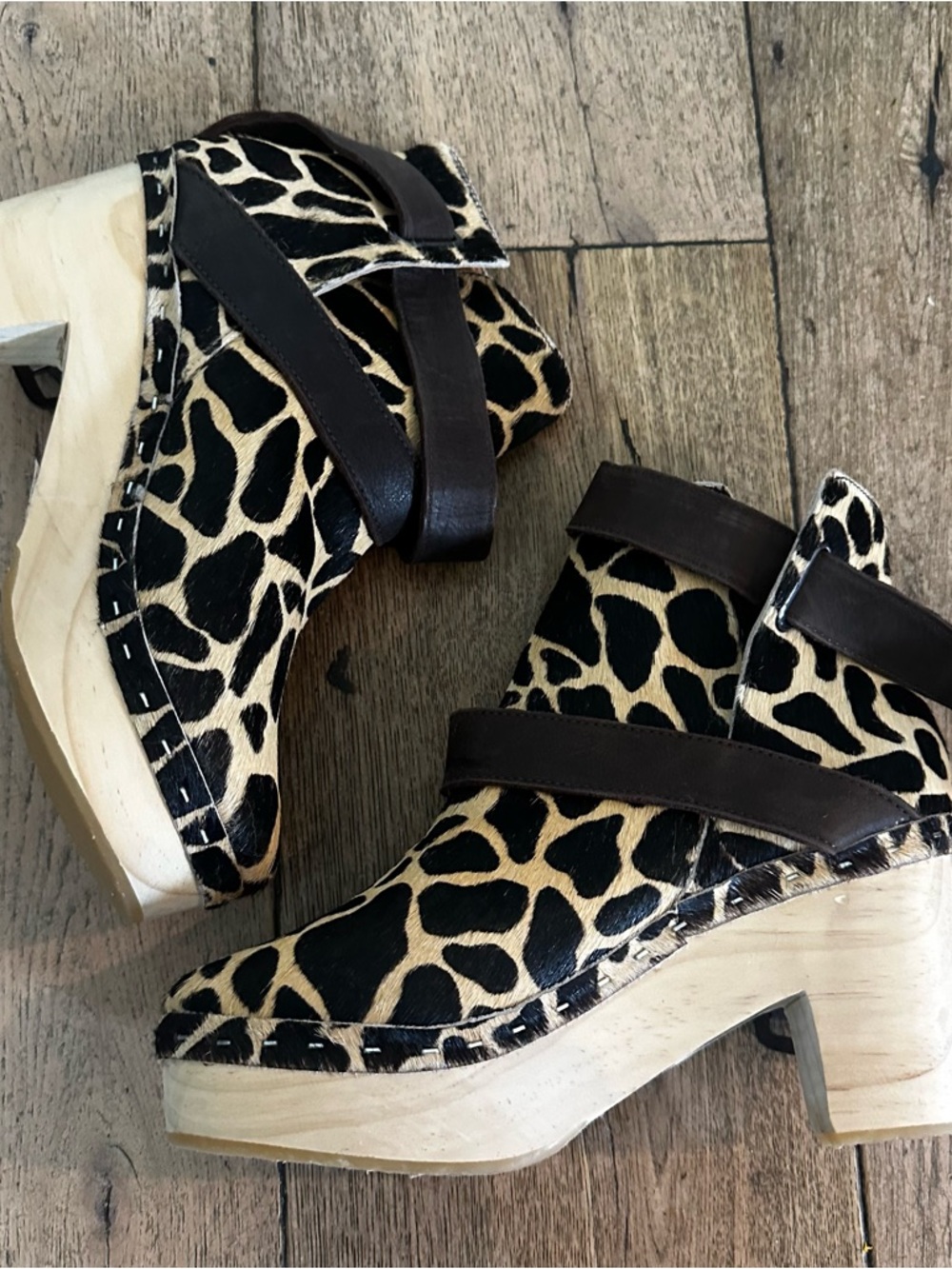 Free People Bungalow Leopard Print Heeled wood clog Bootie Black Brown NWT 37
